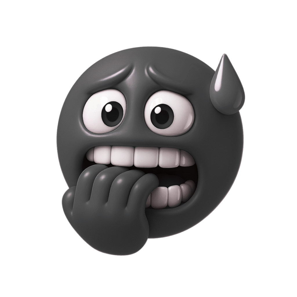 Black 3D nervous emoji biting nails with sweat drop and anxious expression – transparent PNG