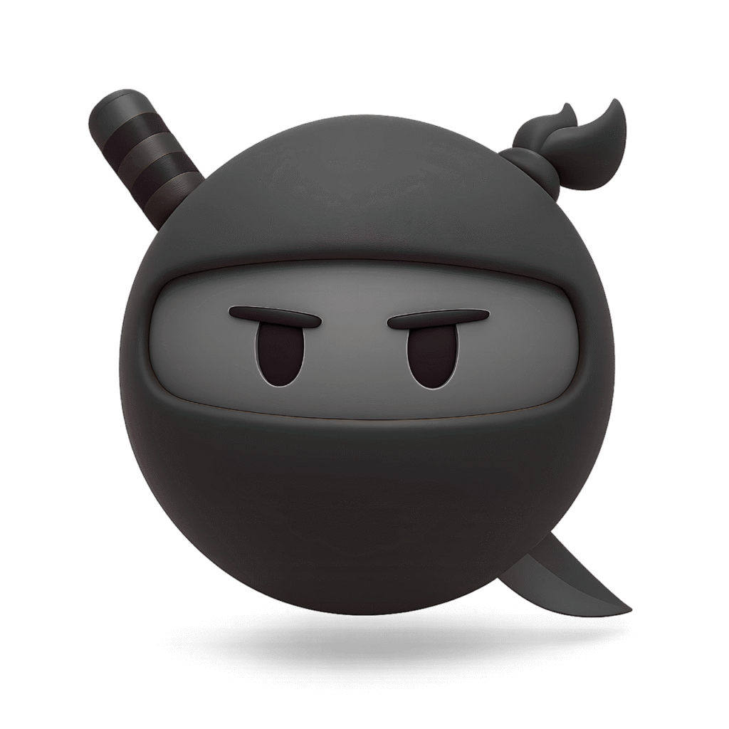 3D dark ninja emoji with black mask, grey eyes, and ninja sword on transparent background – stealth emoji clipart.