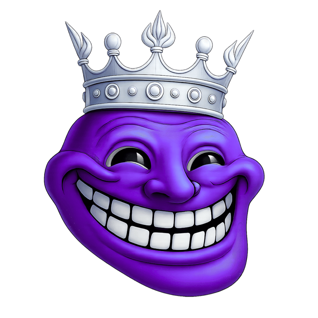 Dark purple troll face emoji wearing a silver crown, high-resolution PNG with transparent background for memes and edits.