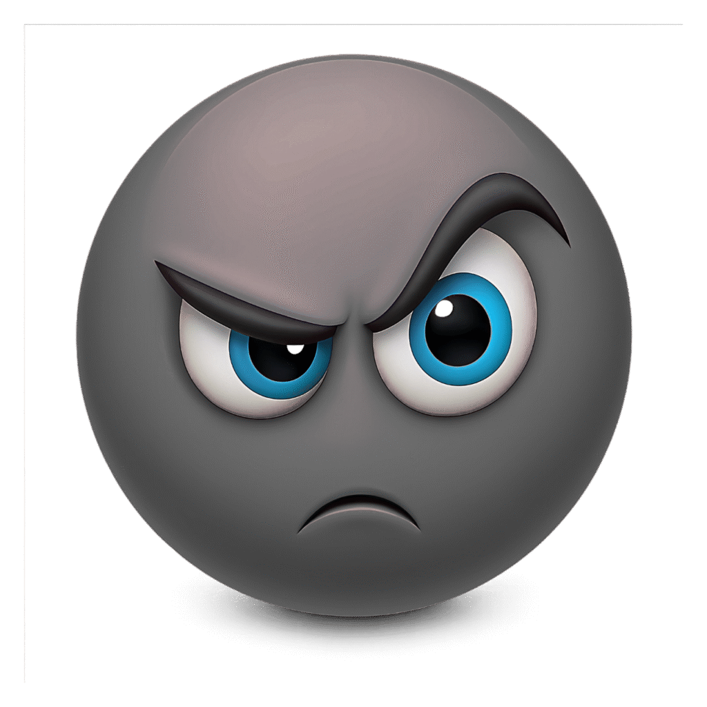 Dark gray suspicious face emoji PNG with intense eyebrows and piercing blue eyes on transparent backgroun