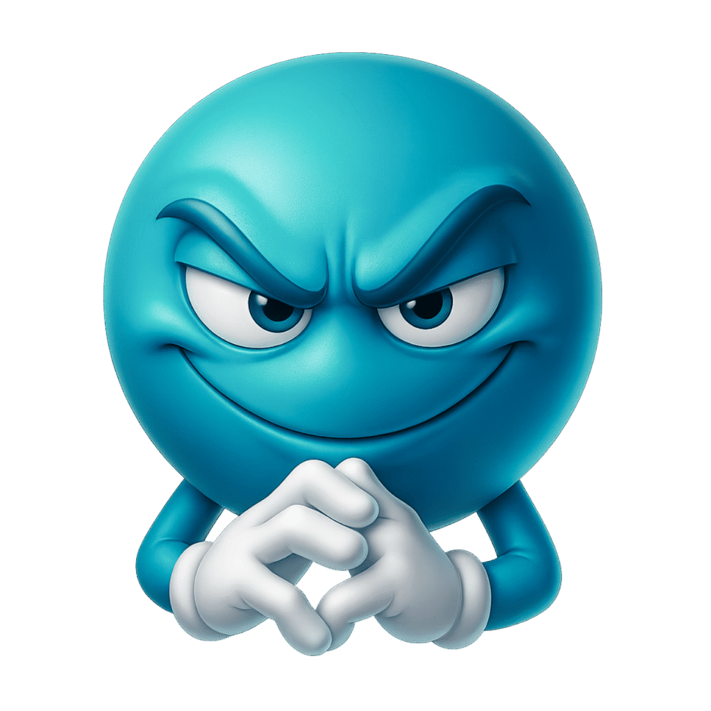 Blue 3D emoji with mischievous expression, evil grin, and plotting hand pose – transparent PNG