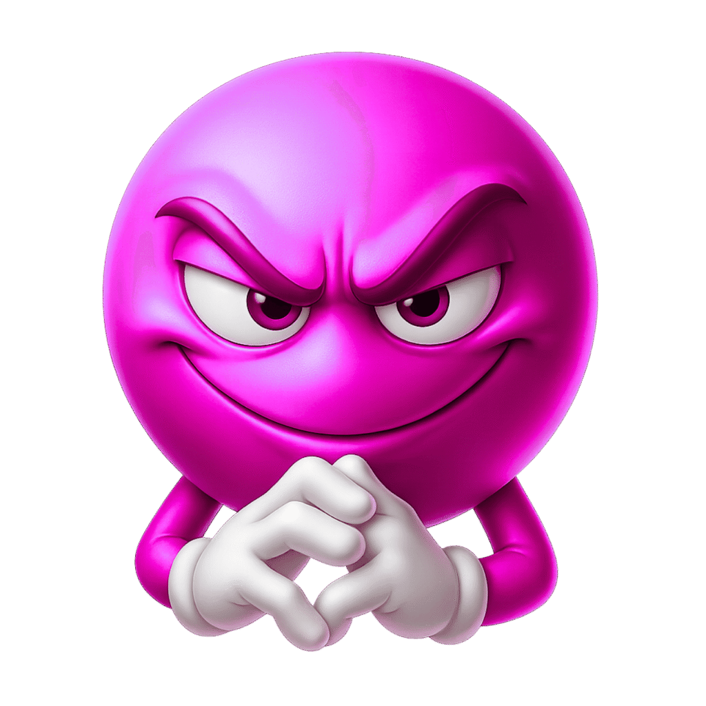 Evil pink 3D emoji with scheming smile and plotting hand gesture on transparent background