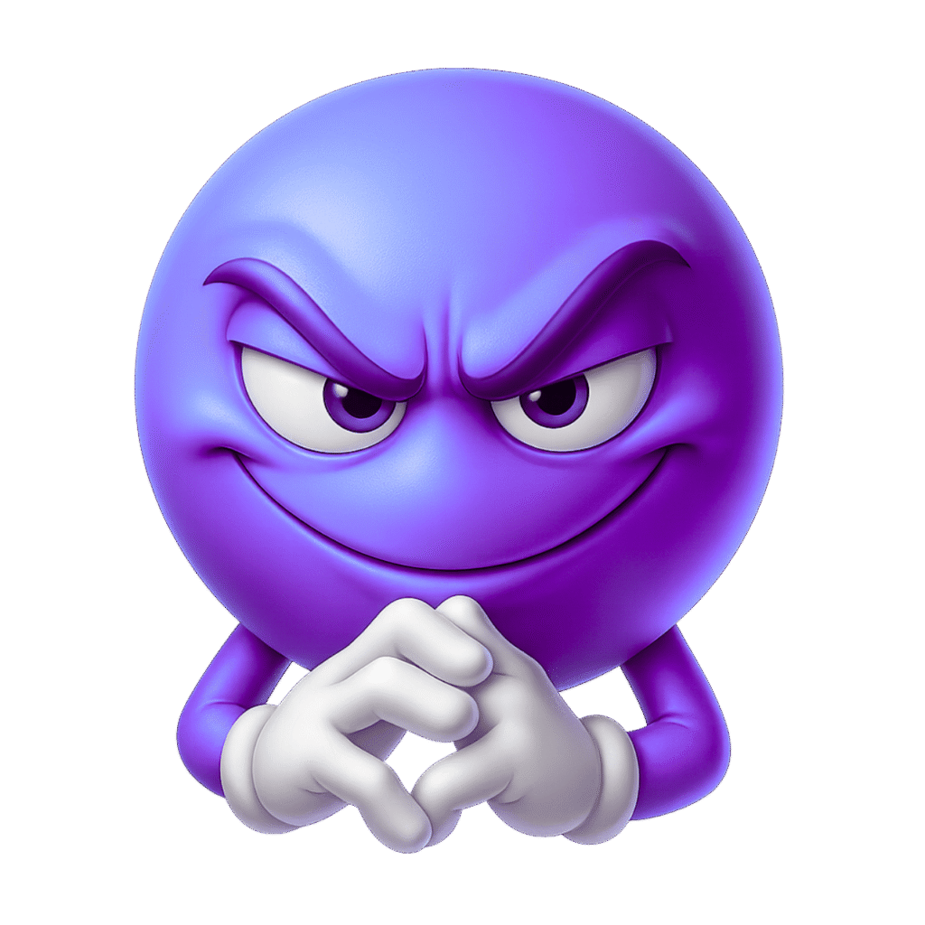 Scheming purple 3D emoji with evil grin and plotting hand gesture on transparent background