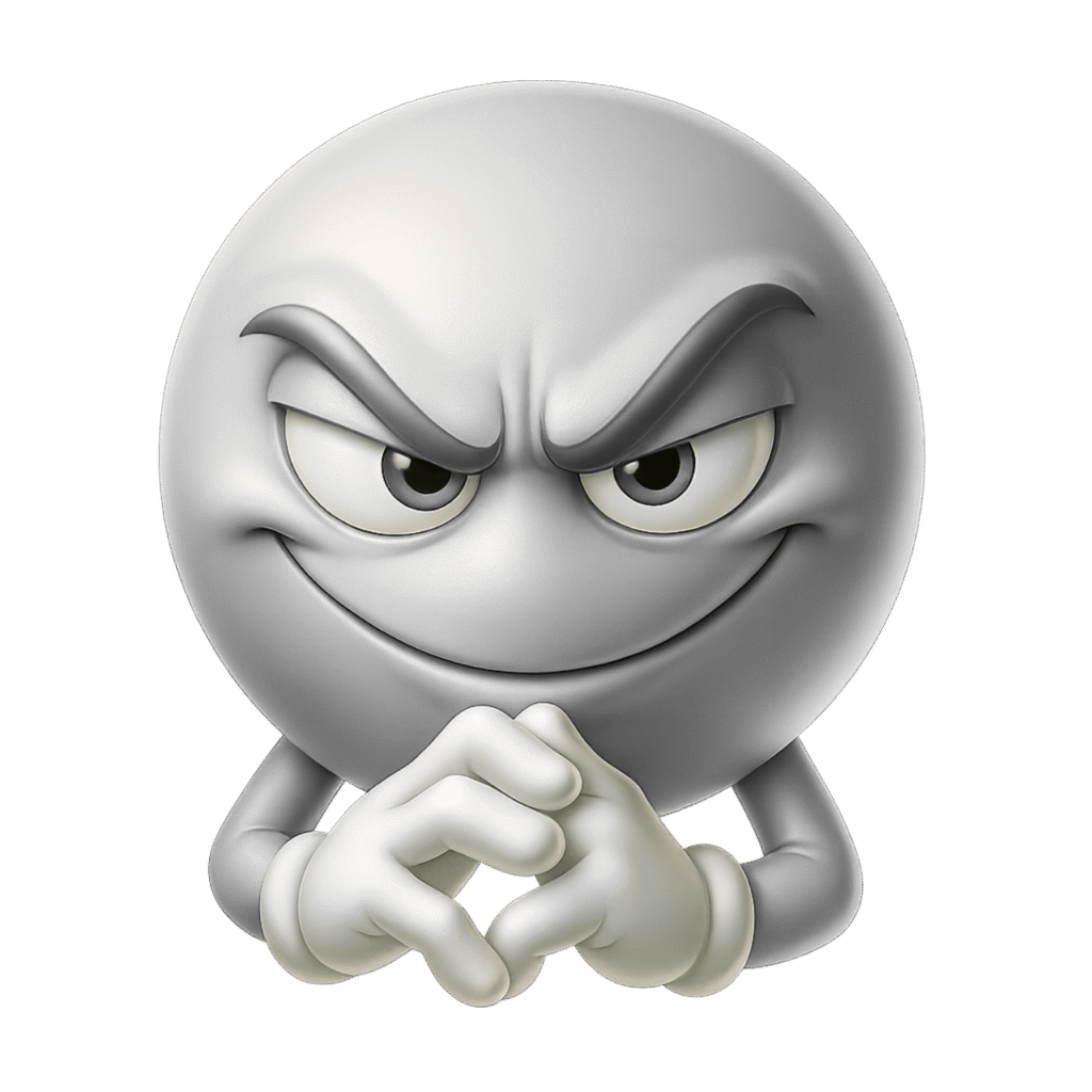 Silver 3D emoji with evil grin, arched eyebrows, and plotting hand gesture on transparent background