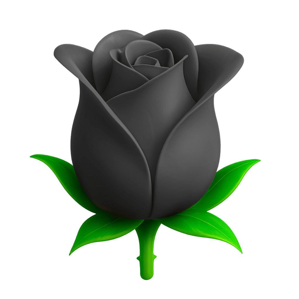 3D black rose emoji with detailed petals and green leaves, HD transparent PNG for emotional and gothic design themes