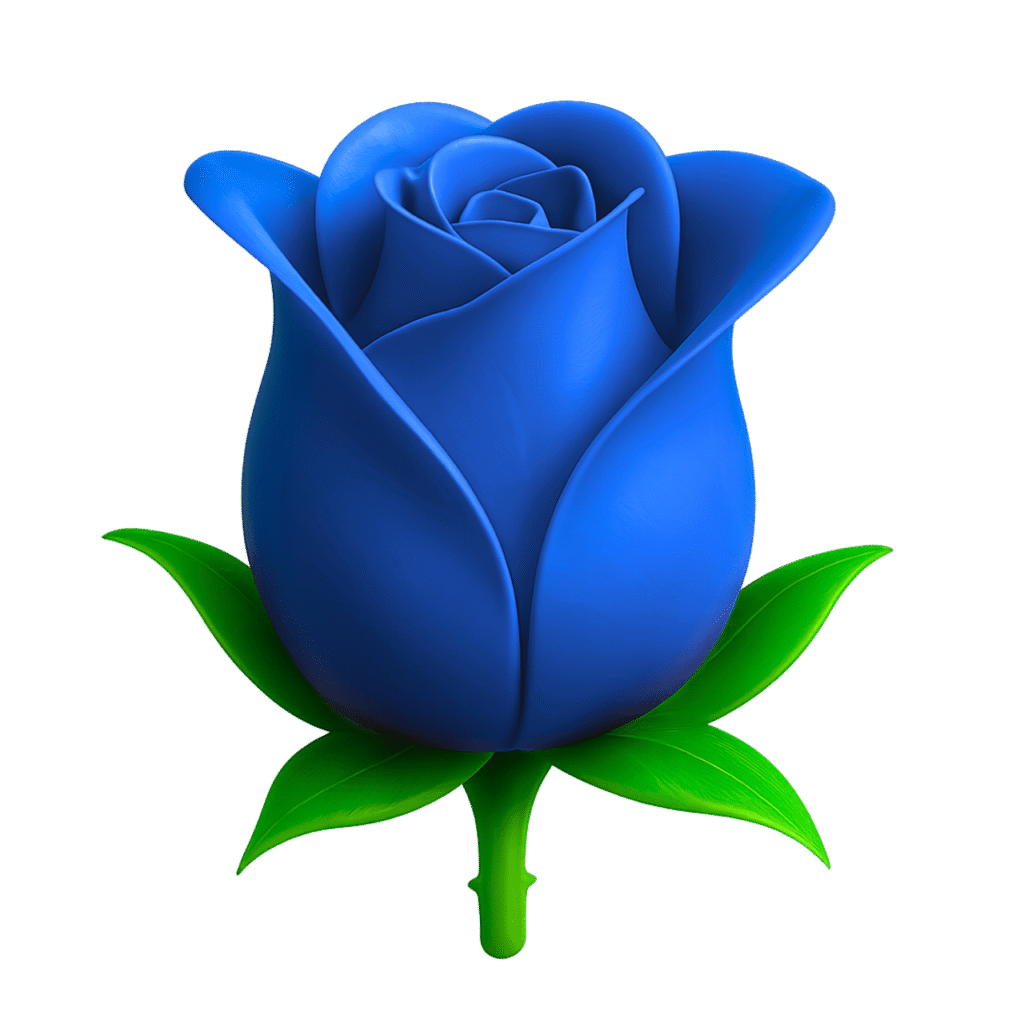 3D blue rose emoji with velvet-like petals and green leaves, high-resolution PNG on transparent background