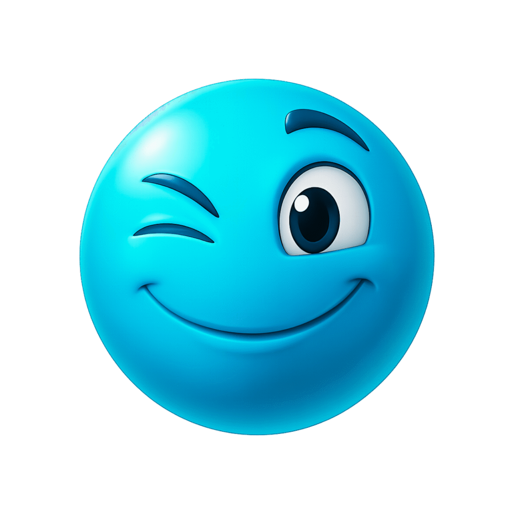 3D Blue Winking Emoji Face with Playful Expression and Big Eyes on Transparent Background