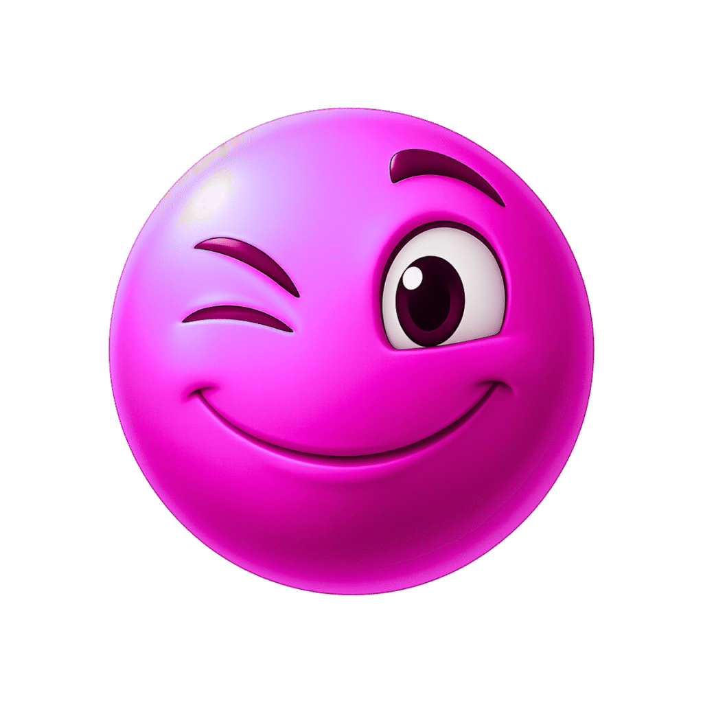 3D Pink Winking Emoji Face with Cute Smile and Big Eyes on Transparent Background