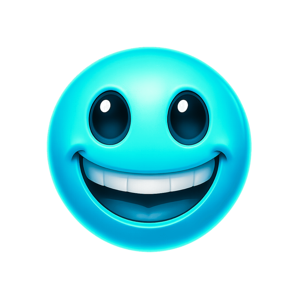 Say hello to the internet’s freshest vibe with this bright cyan happy emoji! Crafted in glossy 3D, this cheeky face beams with oversized eyes, a joyful grin, and energetic color. Whether you're designing a meme, spicing up your chat, or adding personality to your post, this emoji brings vibrant positivity to any platform. The transparent background makes it super easy to use anywhere. Add a pop of fun, freshness, and friendliness to your visuals. Download now and let your content smile loud and clear with this electric blue ball of joy!