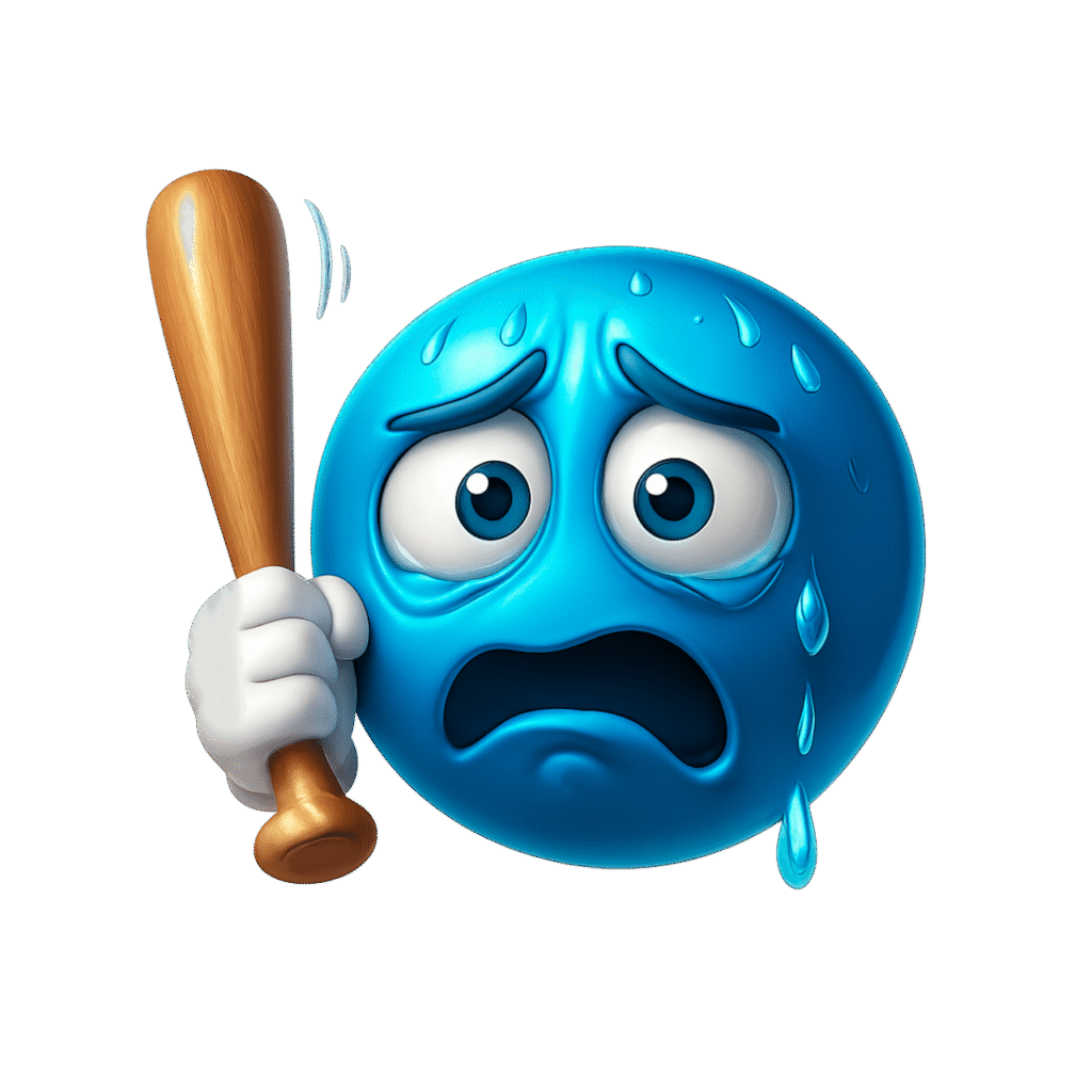 3D blue scared emoji sweating and holding bat, emotional defense PNG image with transparent background