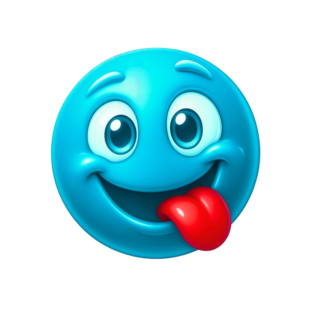 Glossy Blue Yum Emoji with Red Tongue – 3D Cartoon Style PNG