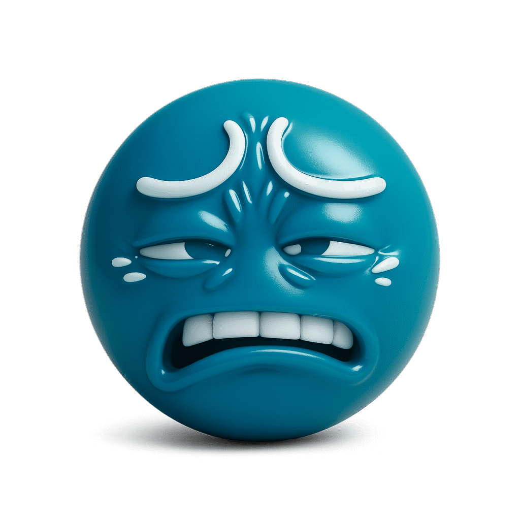 3D blue ew emoji face with disgusted expression, squinted eyes, frown, and sweat drops – high-resolution cartoon-style emoji on transparent background.