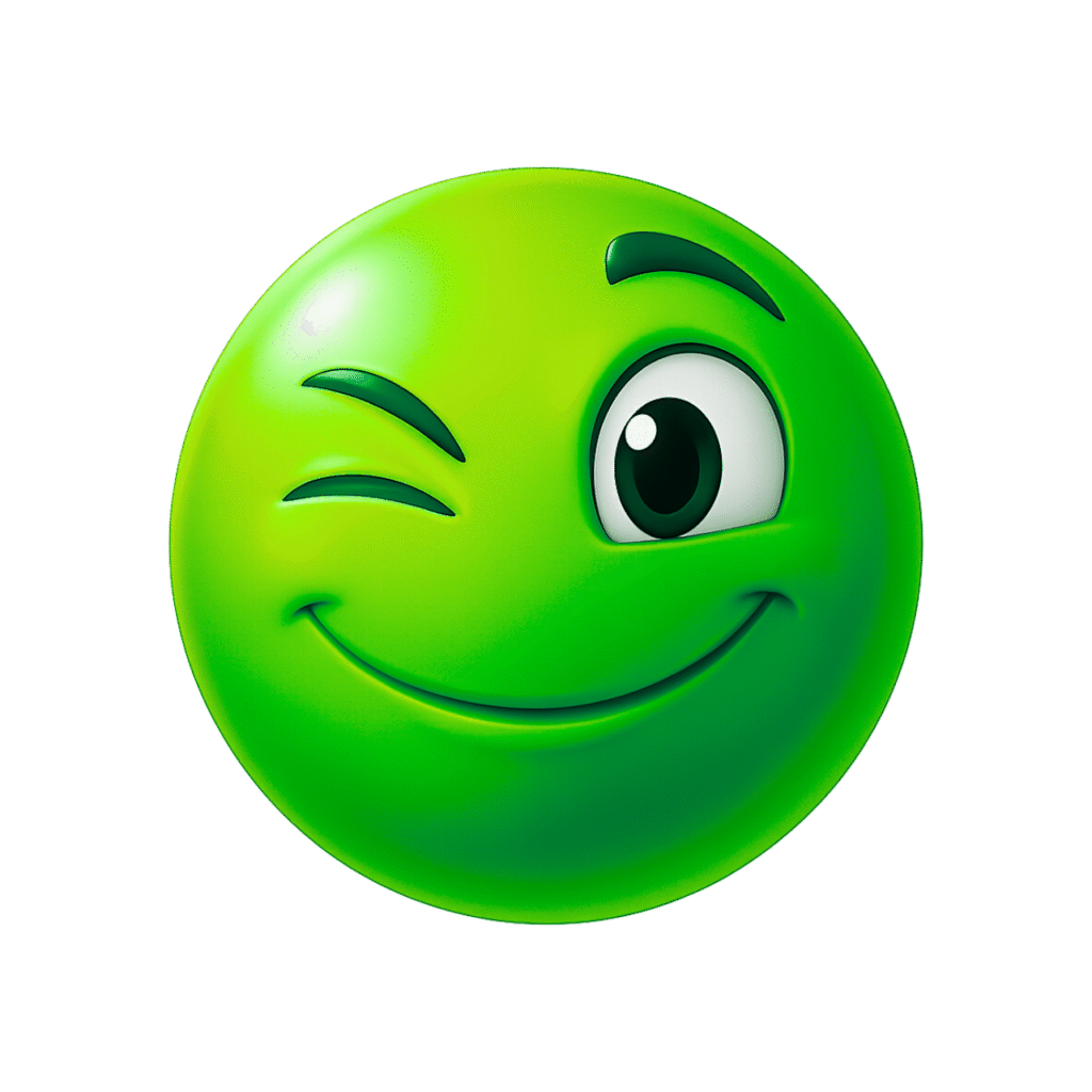 3D Green Winking Emoji with Smile and Raised Eyebrow on Transparent Background