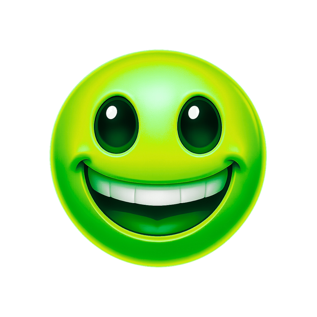 Green glossy happy emoji with big cartoon eyes and wide smile on transparent background
