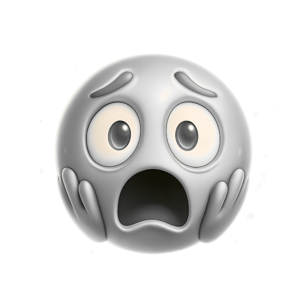 3D grey emoji with a scared expression, wide eyes and mouth open, hands on cheeks, isolated on transparent background