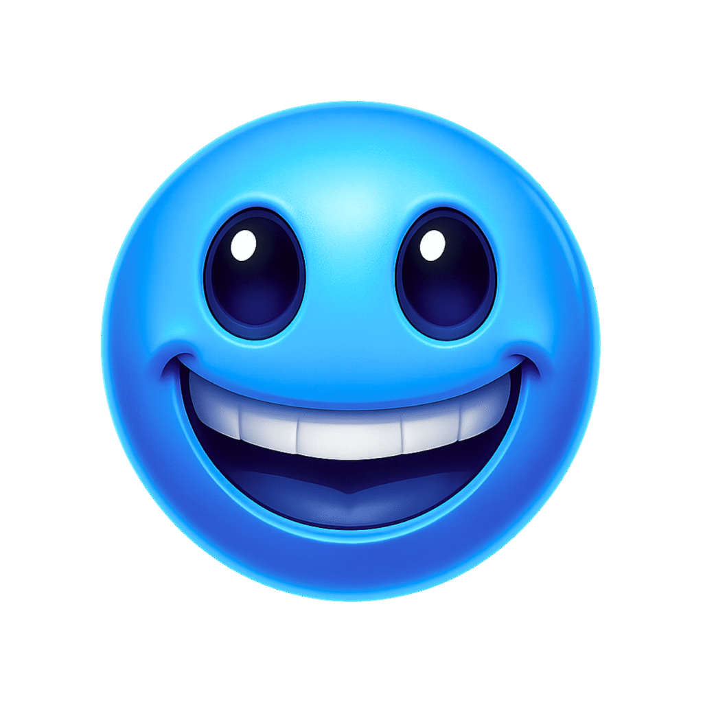 Bright electric blue happy emoji with big smile and glossy cartoon eyes on transparent background