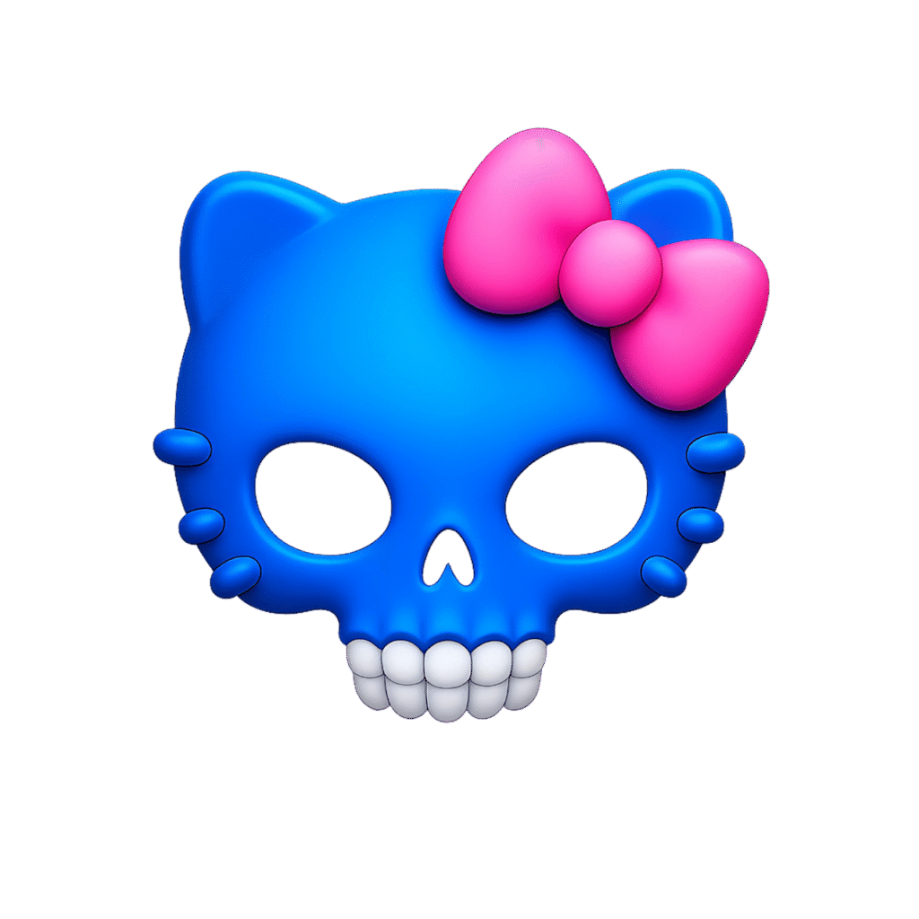 Hello Kitty Skull Emoji in Blue with Pink Bow and White Teeth – Transparent PNG ClipArt