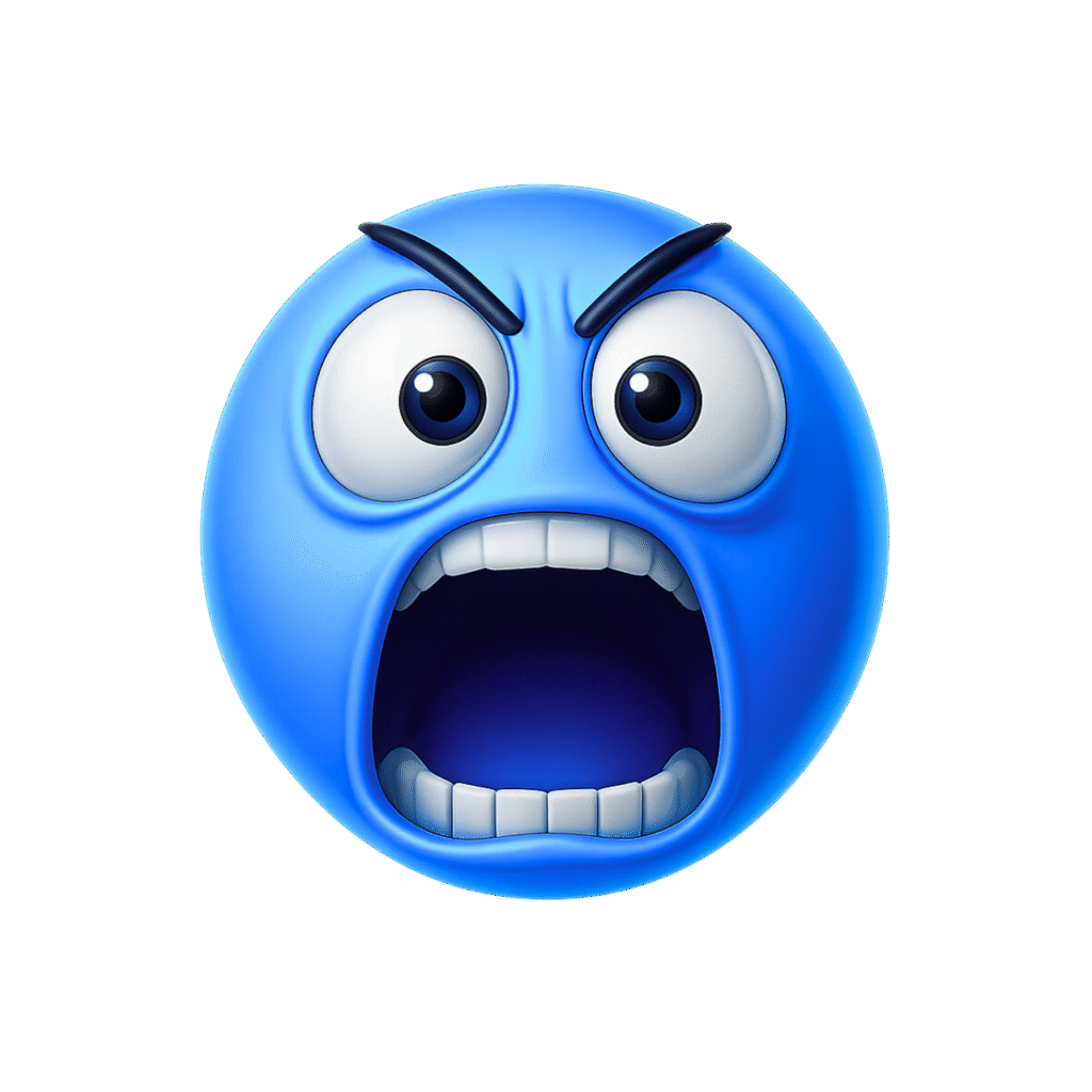 3D blue yelling emoji with wide open mouth and angry expression on transparent background