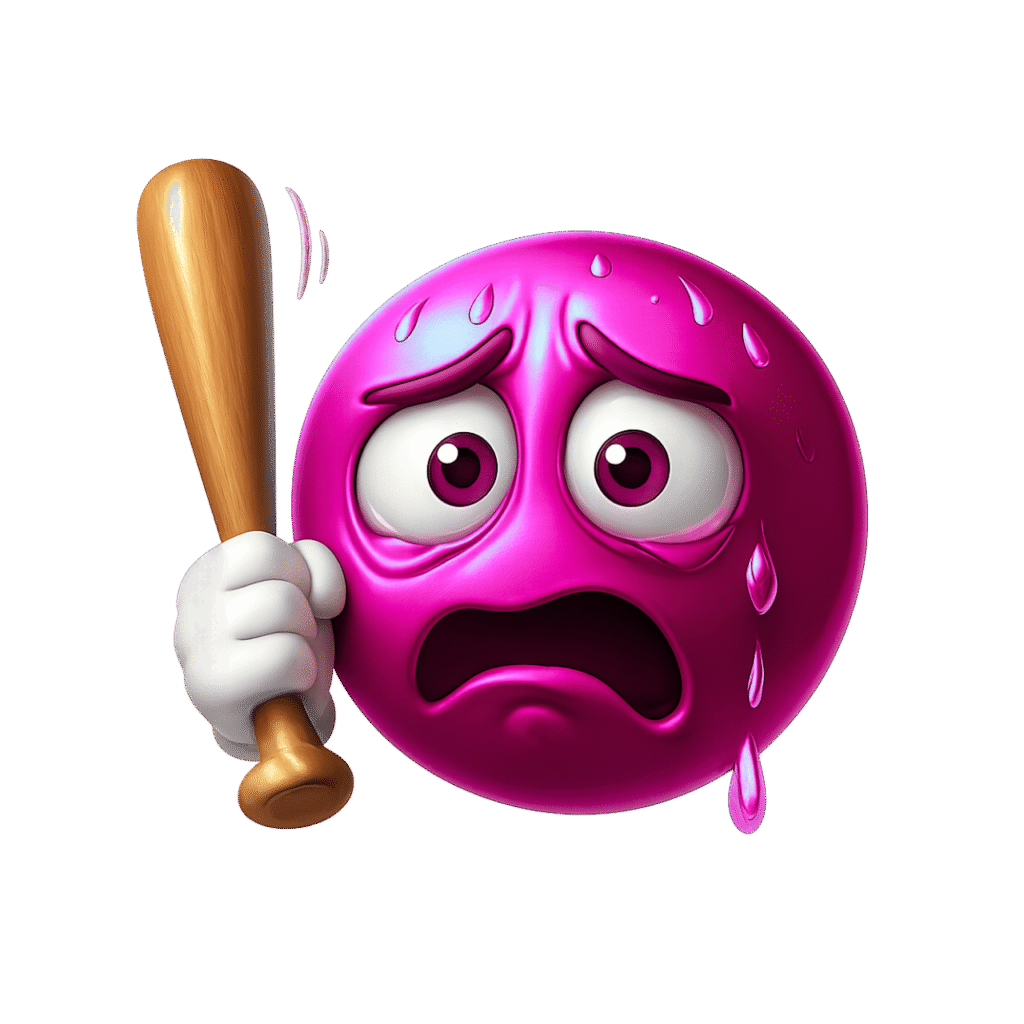 3D magenta scared emoji with wooden bat, sweating and terrified expression on transparent background