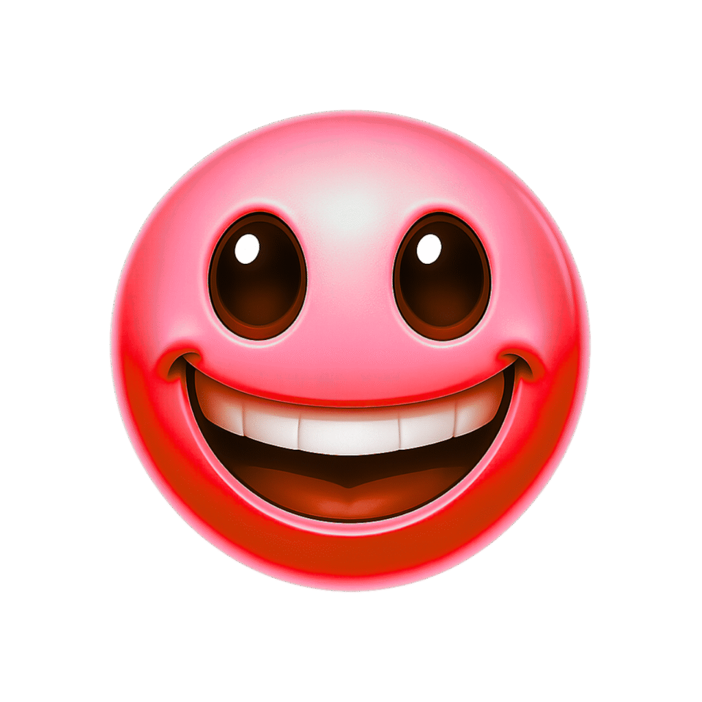 Glossy pink happy emoji with big eyes and wide smile on transparent background