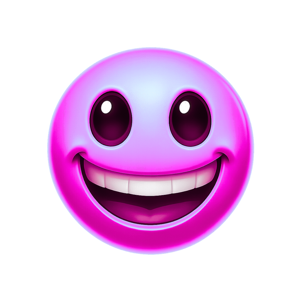 Pink purple 3D happy emoji with shiny eyes and big smile on transparent background