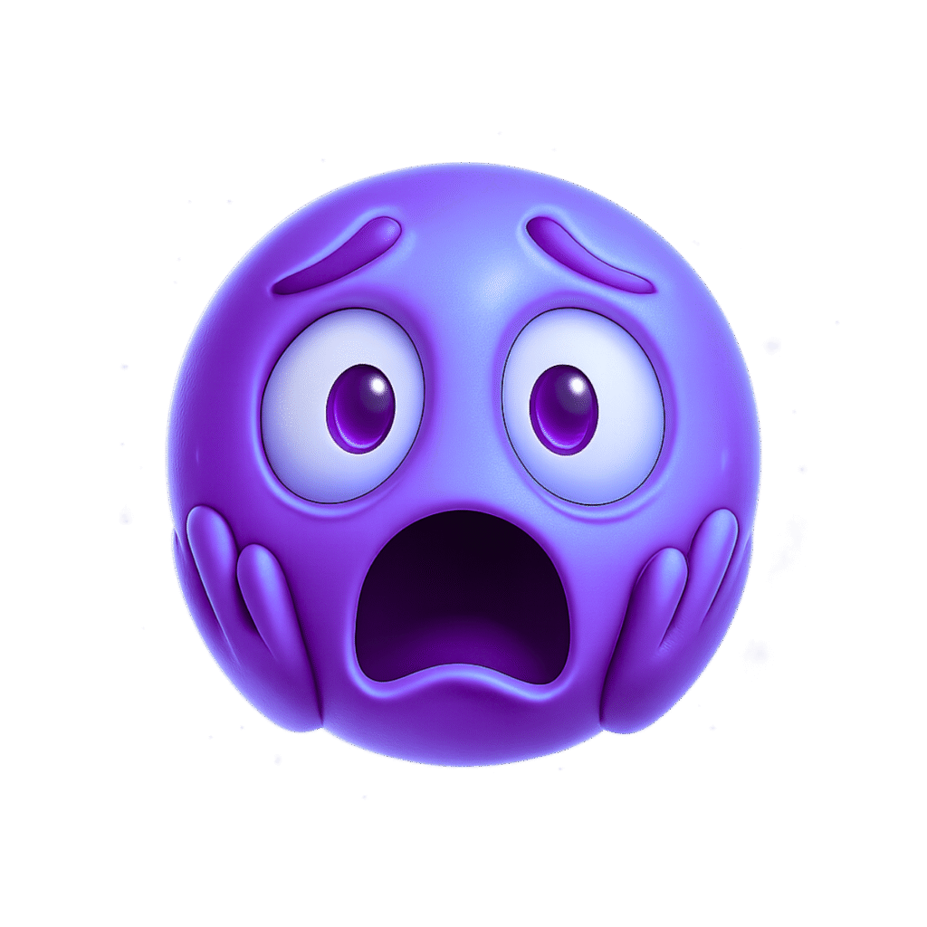 3D purple emoji face expressing fear with wide eyes, open mouth, and hands on cheeks on a transparent background