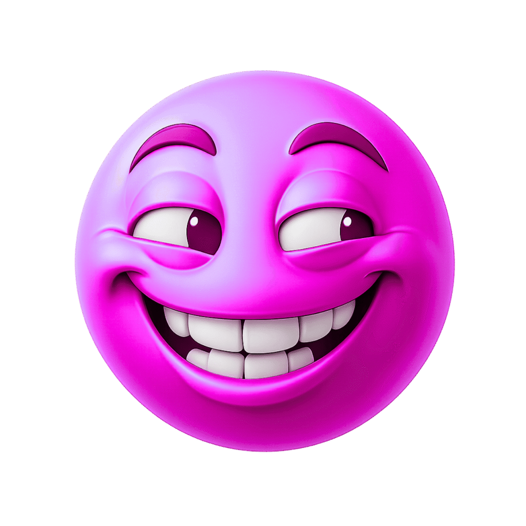 Glossy pink 3D smirking emoji with mischievous expression and white teeth on transparent background