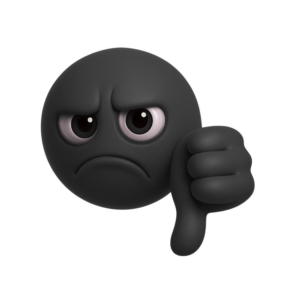 Black 3D emoji with sad face and thumbs down gesture, expressing disapproval or dislike