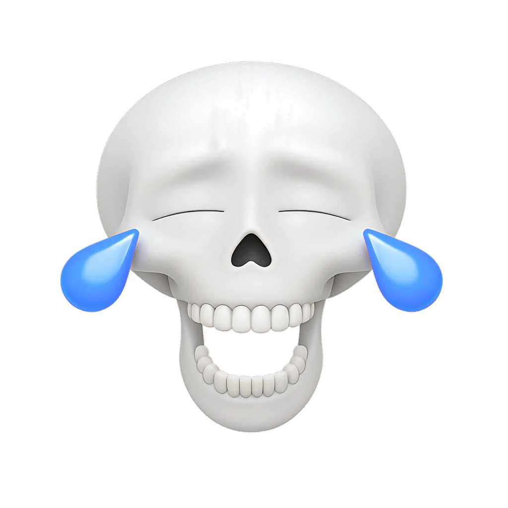 White Crying Skull Emoji PNG – 3D Laughing Skull Clipart with Blue Tears on Transparent Background