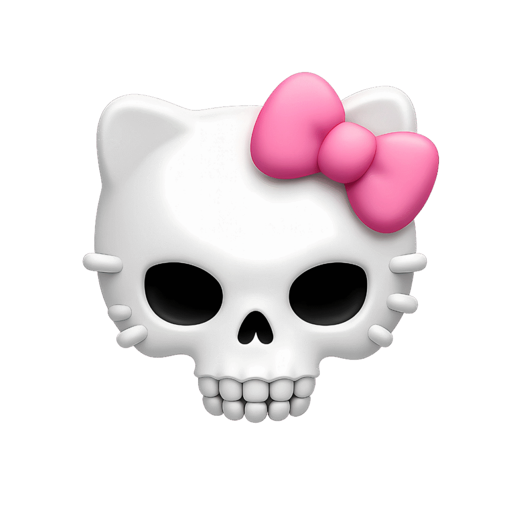 White Hello Kitty Skull Emoji PNG with Pink Bow – Transparent ClipArt Image