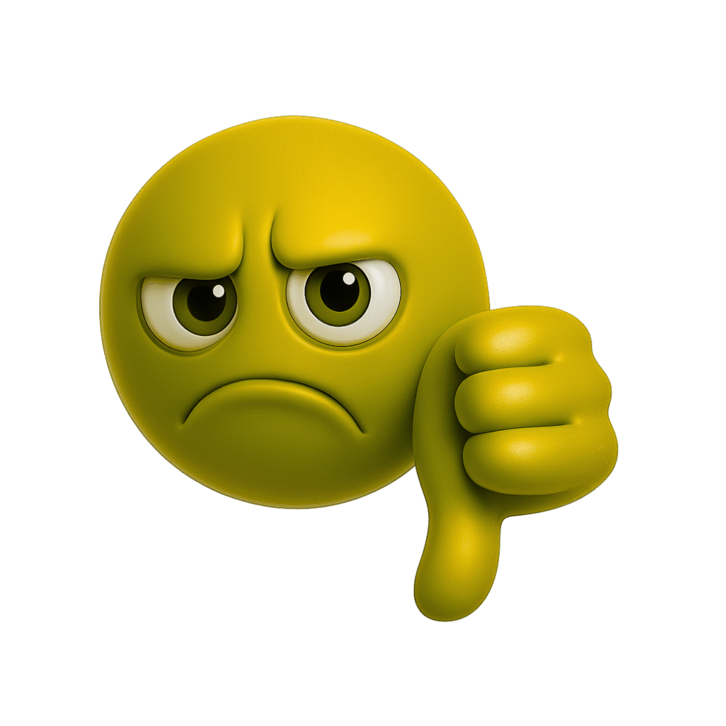Yellow 3D emoji with sad facial expression and thumbs down gesture for disapproval or rejection