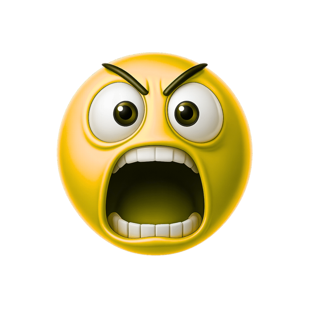 Yellow 3D yelling emoji with angry face and wide open mouth on transparent background