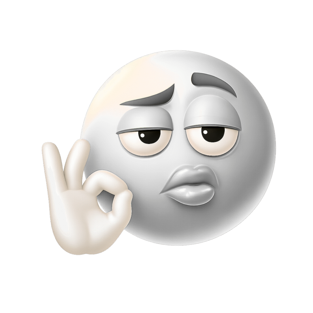 3D White Emoji with OK Hand Sign and Confident Expression – Minimalist Emoticon Art
