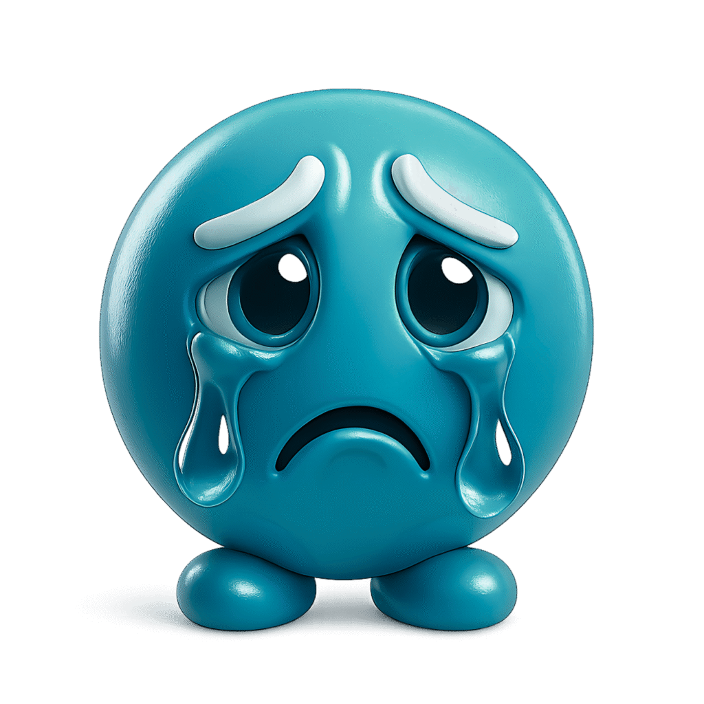 3D Blue Crying Emoji with Teardrops and Sad Facial Expression