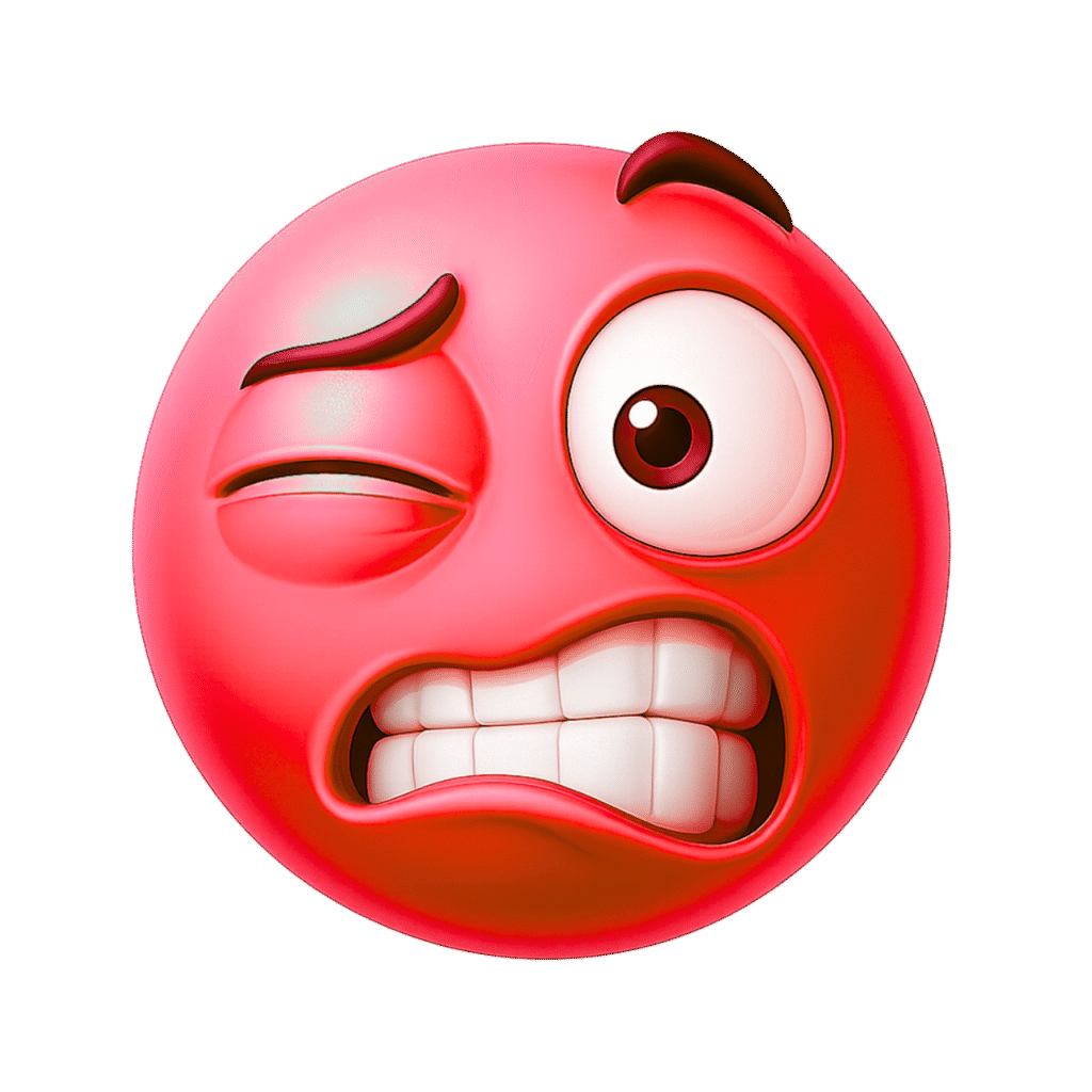 Red eye twitch emoji with one eye squinting, other eye wide open, raised eyebrow, and gritted teeth expression