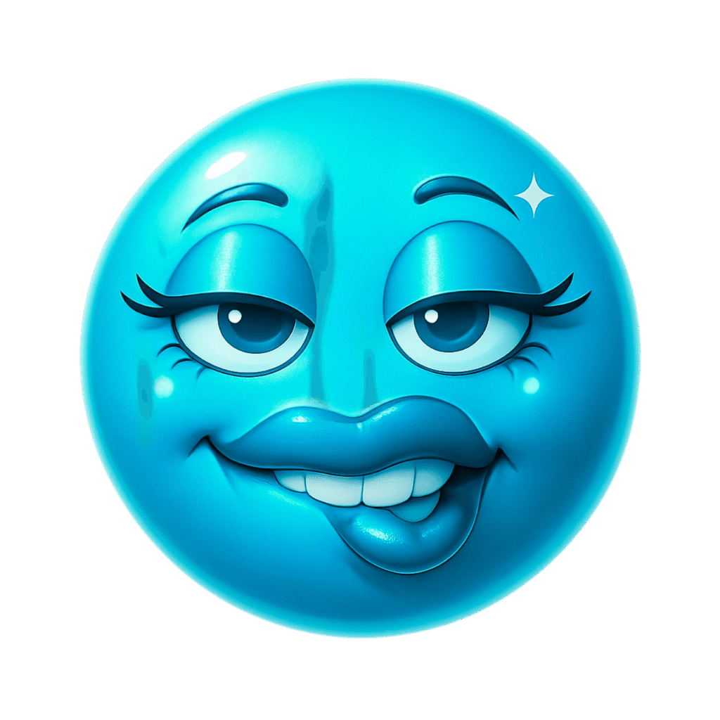 Blue 3D emoji with biting lip, flirty eyes, glossy lips, and a playful smirk on a transparent background