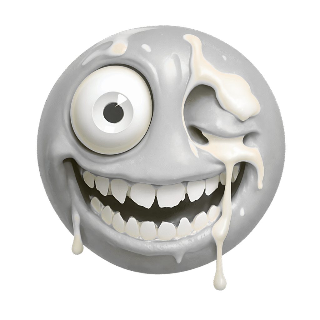 Crazy grey emoji with melting goo, wild smile, and wide cartoon eye