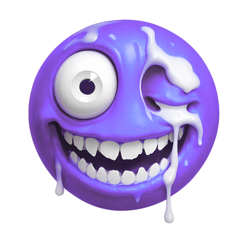 Crazy purple emoji with wide grin, dripping goo, and one bulging eye