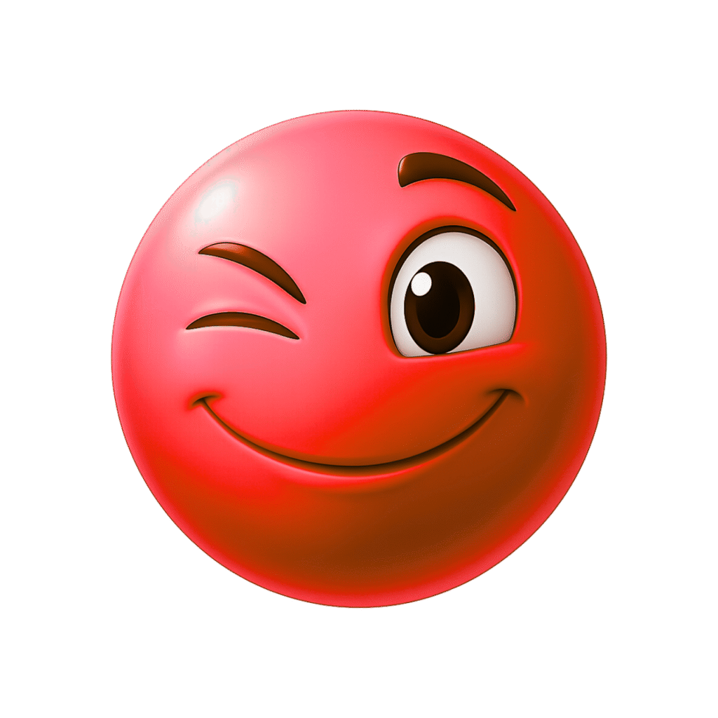 3D Red Winking Emoji with Cheeky Smile and Brown Eyes on Transparent Background