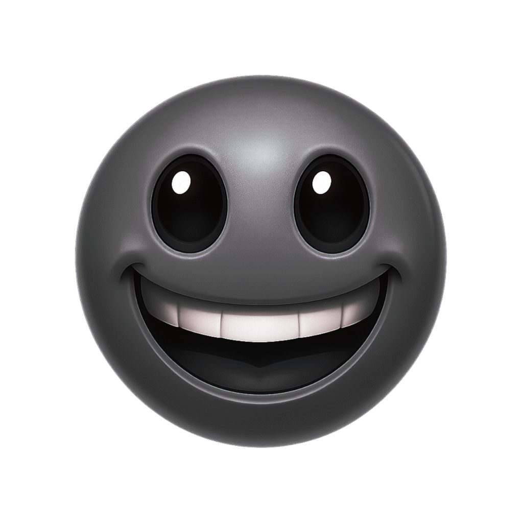 Dark grey glossy happy emoji with big eyes and wide smile on transparent background
