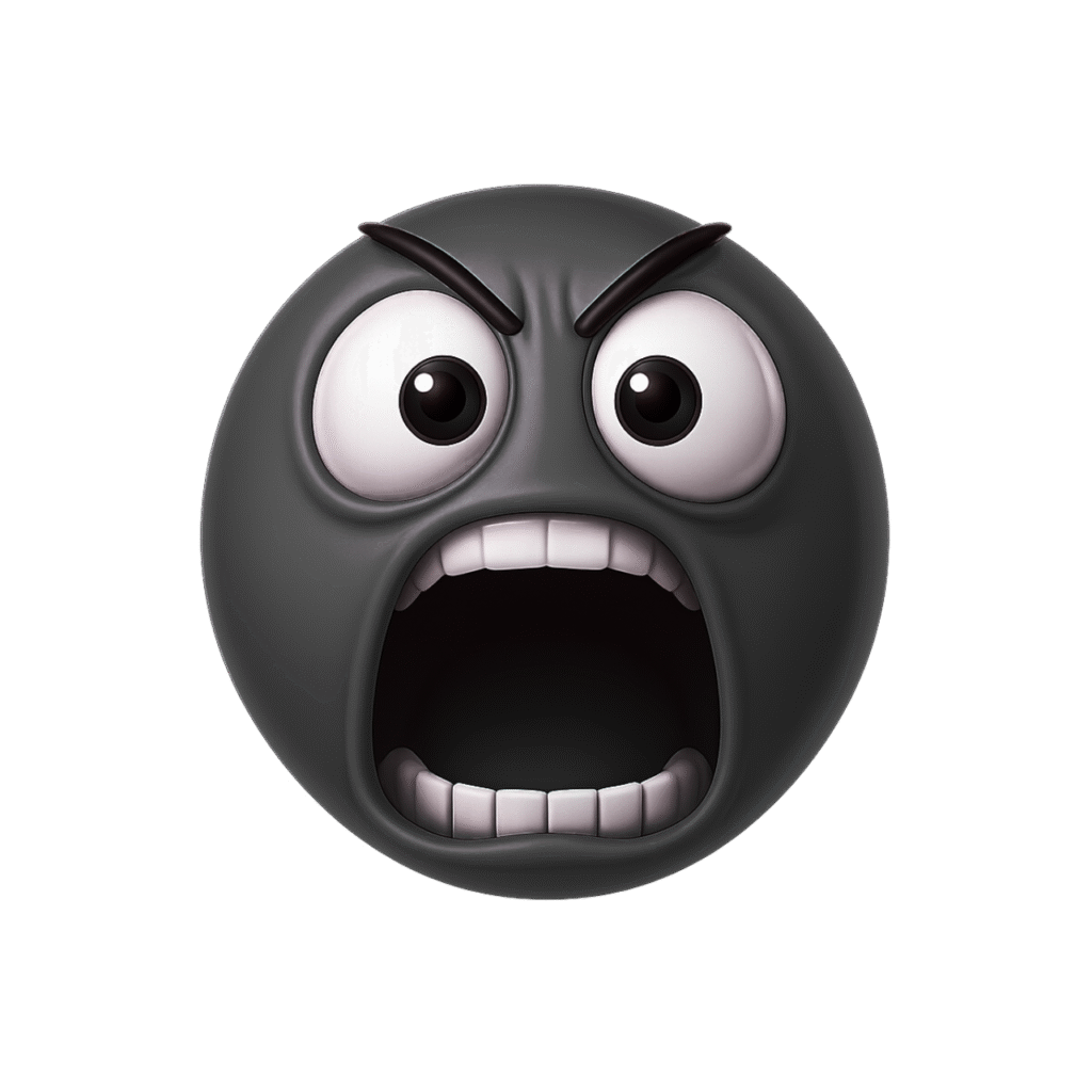 Black 3D yelling emoji with wide open mouth and angry expression on transparent background