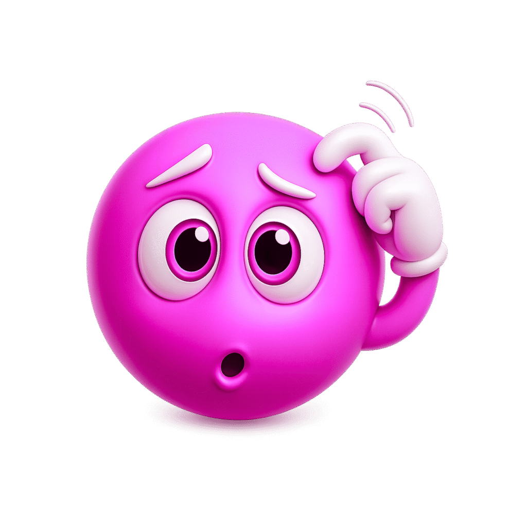 Pink 3D confused emoji scratching its head with wide eyes and curious expression