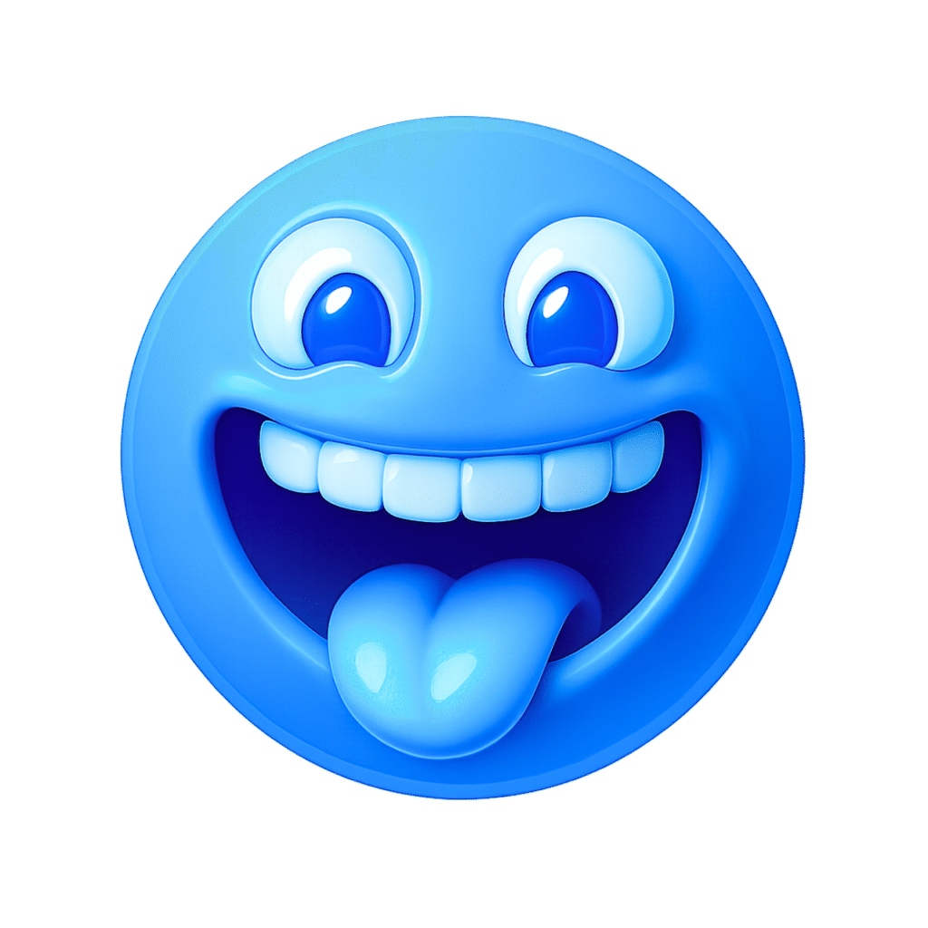 Funny 3D emoji with blue glossy face, big eyes, white teeth, and tongue sticking out – high-resolution PNG