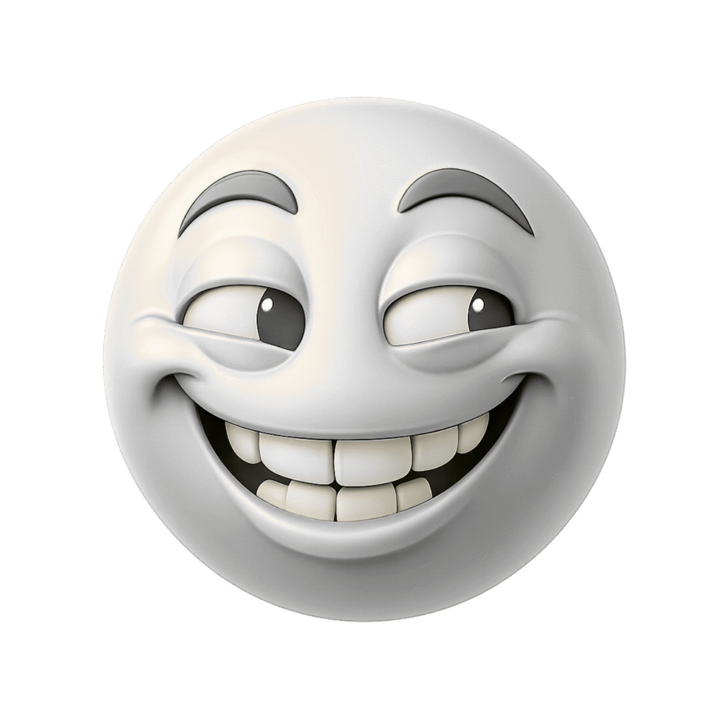 Funny 3D smirking emoji face with mischievous eyes and a wide grin