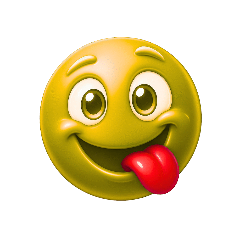 3D Yellow-Green Yum Emoji with Red Tongue and Glossy Finish on Transparent Background