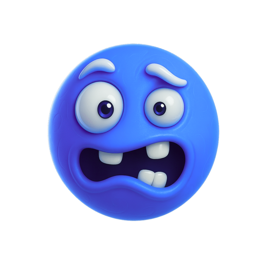 3D blue emoji with bulging eyes, uneven teeth, and a quirky shocked expression