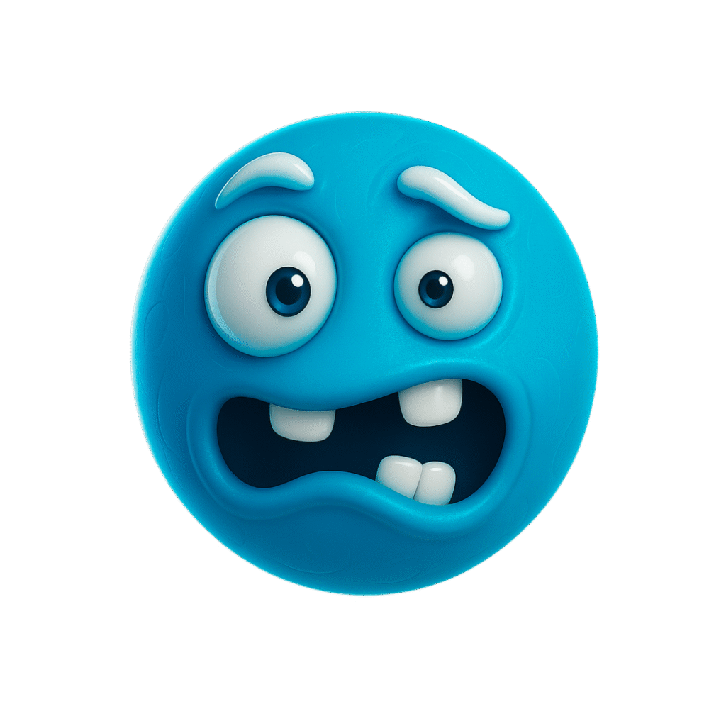 Blue cartoon emoji with exaggerated anxious face and goofy teeth