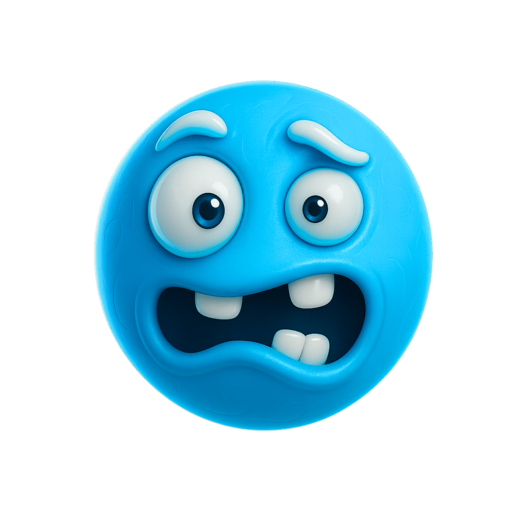 Blue weird emoji face with nervous cartoon expression and big round eyes