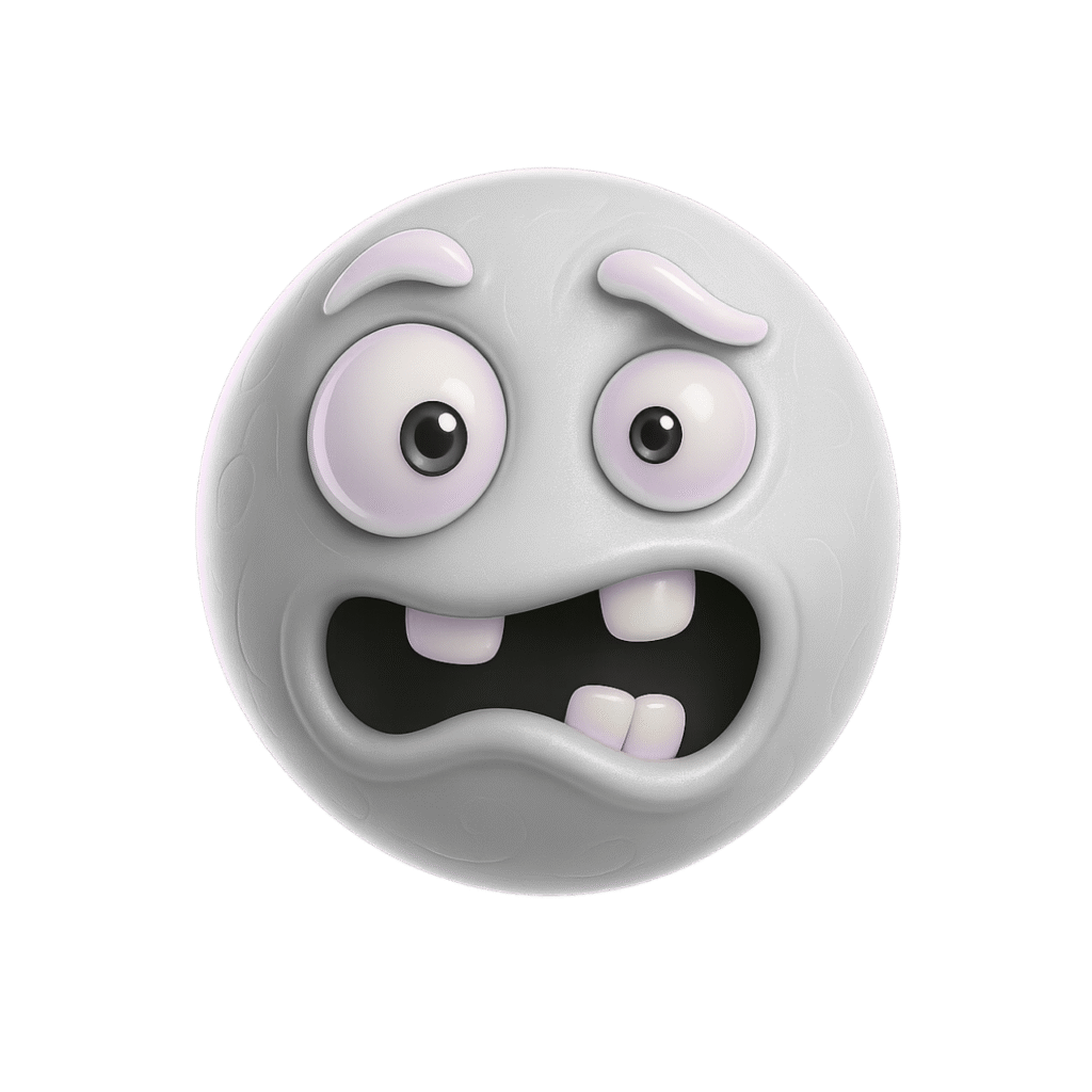 Gray cartoon emoji with goofy shocked face and large bulging eyes