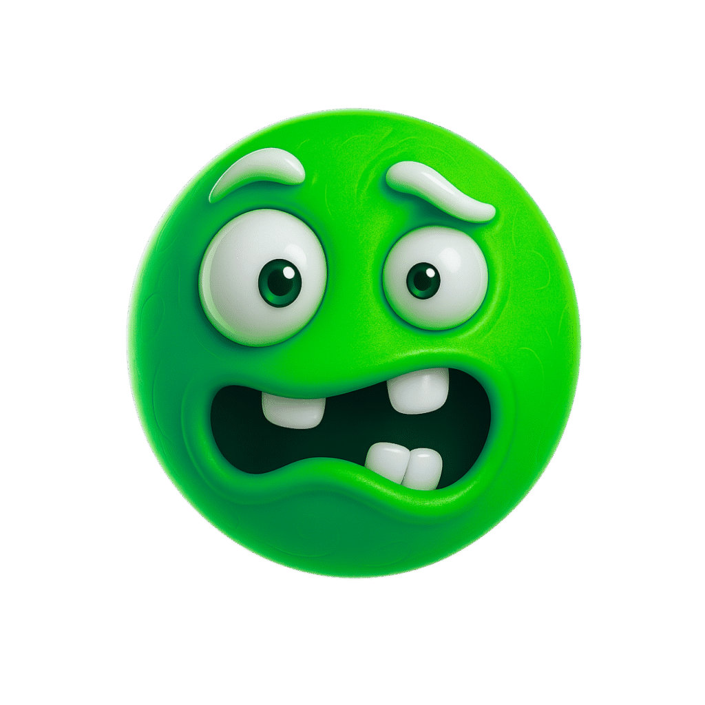 Weird green emoji face with anxious expression and cartoon eyes
